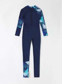 Boys Tropical Print Zipper Back High Neck One Piece Swimsuit - Navy Blue - View 4