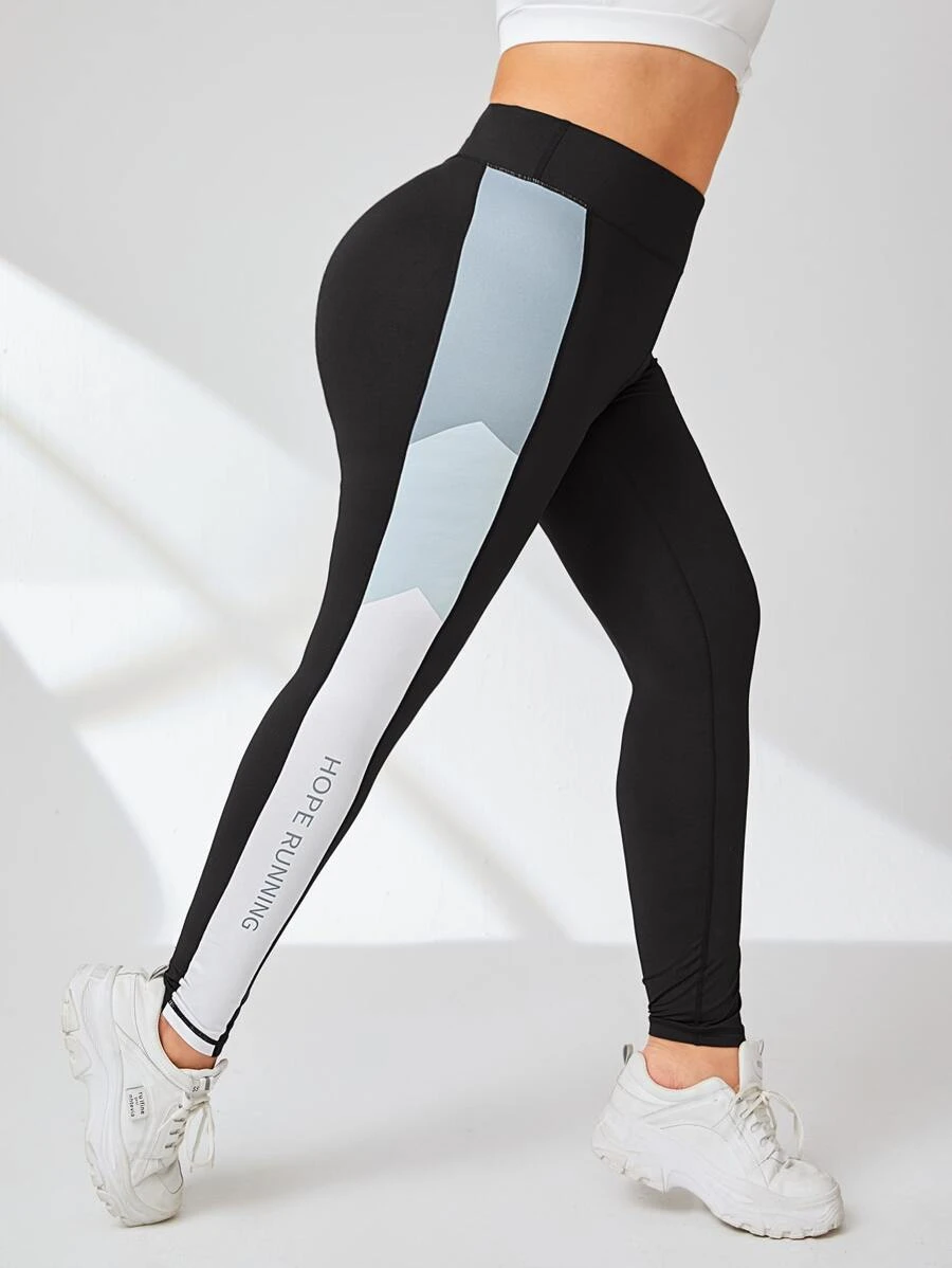 Plus Letter Graphic Contrast Panel Side Sports Leggings - Multicolor - View 1