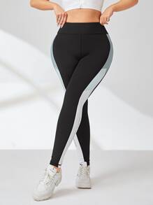 Plus Letter Graphic Contrast Panel Side Sports Leggings - Multicolor - View 3