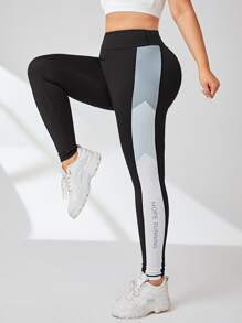 Plus Letter Graphic Contrast Panel Side Sports Leggings - Multicolor - View 4