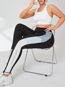 Plus Letter Graphic Contrast Panel Side Sports Leggings - Multicolor - View 5