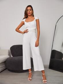 RueChic 素色闊腿九分連身褲 - 白色 - 查看 3