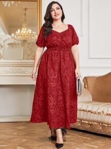 Al Najma Váy suông tay bồng cổ tim màu đỏ tía cộng thêm vải Jacquard - Màu Đỏ Sâu - Xem 1