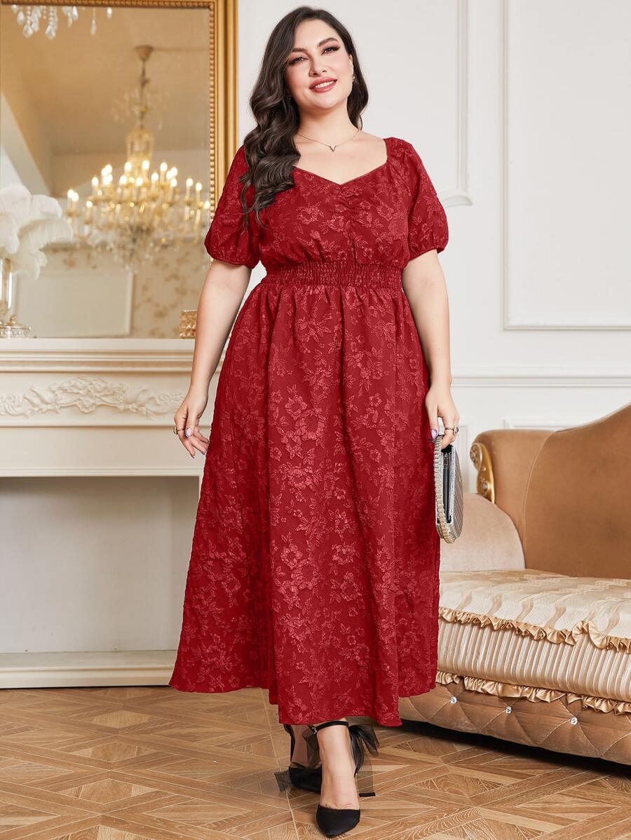 Al Najma Váy suông tay bồng cổ tim màu đỏ tía cộng thêm vải Jacquard - Màu Đỏ Sâu - Xem 1