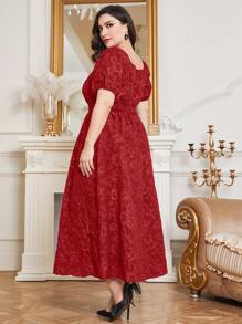 Al Najma Váy suông tay bồng cổ tim màu đỏ tía cộng thêm vải Jacquard - Màu Đỏ Sâu - Xem 2