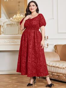 Al Najma Váy suông tay bồng cổ tim màu đỏ tía cộng thêm vải Jacquard - Màu Đỏ Sâu - Xem 3