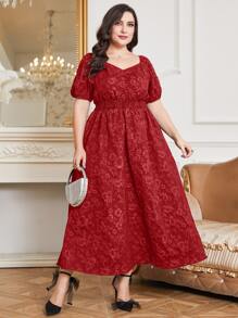 Al Najma Váy suông tay bồng cổ tim màu đỏ tía cộng thêm vải Jacquard - Màu Đỏ Sâu - Xem 5