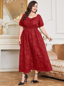 Al Najma Váy suông tay bồng cổ tim màu đỏ tía cộng thêm vải Jacquard - Màu Đỏ Sâu - Xem 6