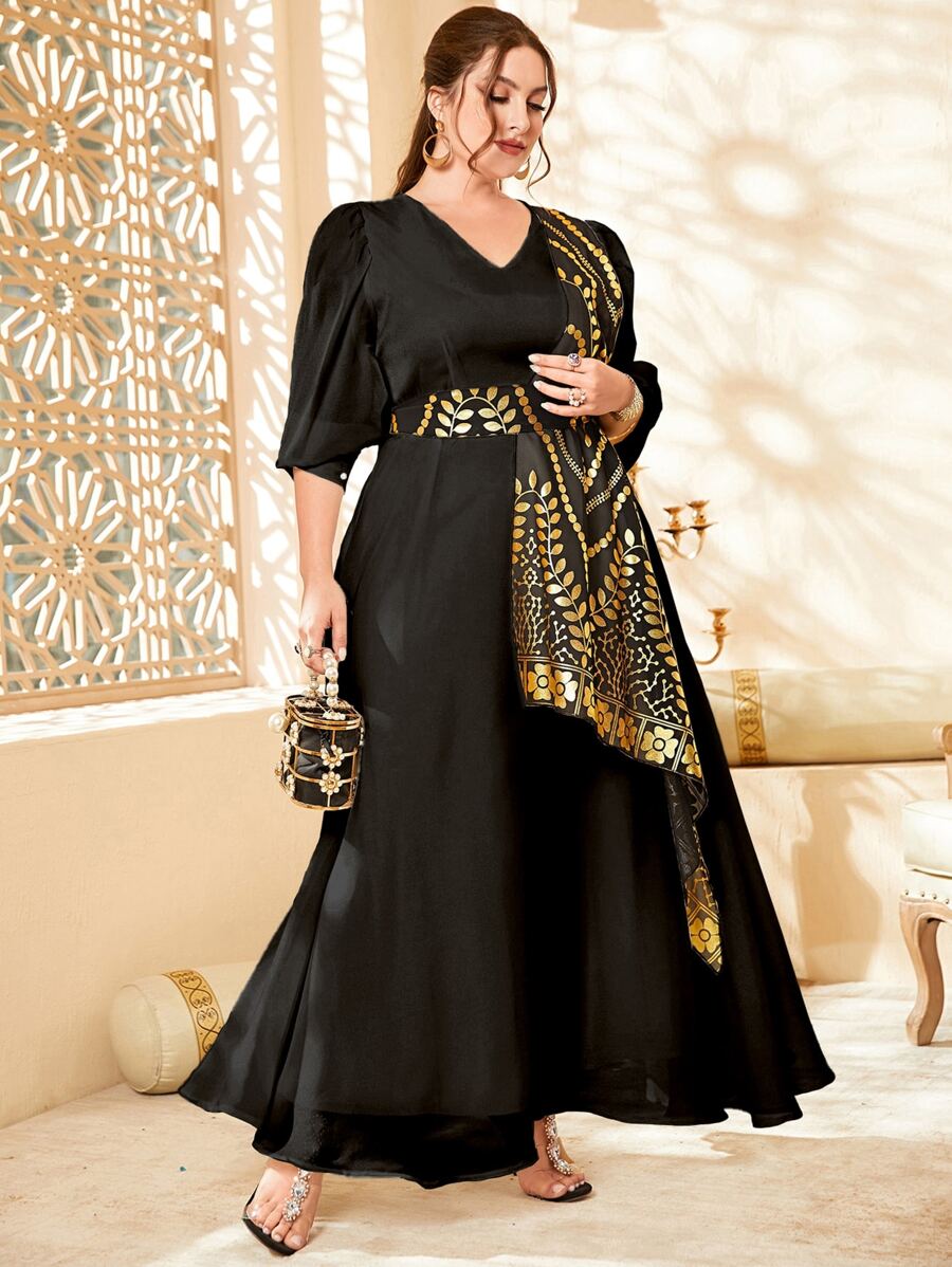 Al Najma 大碼金色幾何印花燈籠袖不對稱下擺洋裝 - 黑色 - 查看 1
