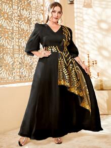 Al Najma 大碼金色幾何印花燈籠袖不對稱下擺洋裝 - 黑色 - 查看 4