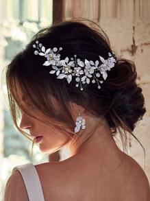 1pc Women Rhinestone & Flower Decor Elegant Bridal Hair Comb & 1pair Drop Earrings, For Wedding Tiaras Valentine's Day Accessories - Silver - View 2
