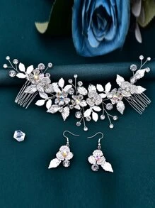 1pc Women Rhinestone & Flower Decor Elegant Bridal Hair Comb & 1pair Drop Earrings, For Wedding Tiaras Valentine's Day Accessories - Silver - View 3
