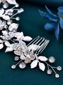 1pc Women Rhinestone & Flower Decor Elegant Bridal Hair Comb & 1pair Drop Earrings, For Wedding Tiaras Valentine's Day Accessories - Silver - View 5