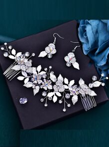 1pc Women Rhinestone & Flower Decor Elegant Bridal Hair Comb & 1pair Drop Earrings, For Wedding Tiaras Valentine's Day Accessories - Silver - View 6