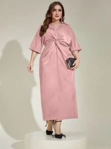 Modelyn 大碼前扭結蝙蝠袖連衣裙 - 藕粉色 - 查看 3