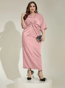 Modelyn 大碼前扭結蝙蝠袖連衣裙 - 藕粉色 - 查看 4