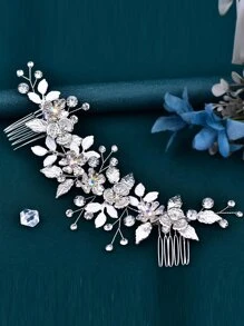 1pc Women Rhinestone & Flower Decor Elegant Bridal Hair Comb & 1pair Drop Earrings, For Wedding Tiaras Valentine's Day Accessories - Silver - View 7
