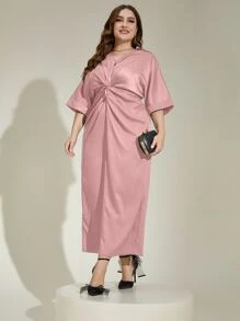 Modelyn 大碼前扭結蝙蝠袖連衣裙 - 藕粉色 - 查看 5