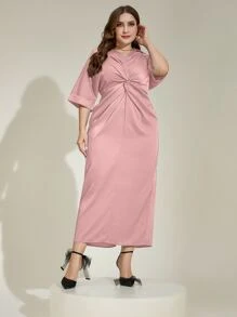 Modelyn 大碼前扭結蝙蝠袖連衣裙 - 藕粉色 - 查看 6
