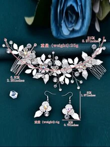 1pc Women Rhinestone & Flower Decor Elegant Bridal Hair Comb & 1pair Drop Earrings, For Wedding Tiaras Valentine's Day Accessories - Silver - View 8