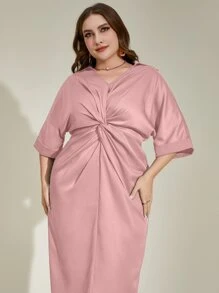 Modelyn 大碼前扭結蝙蝠袖連衣裙 - 藕粉色 - 查看 7