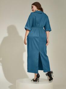 Modelyn 大碼前扭結蝙蝠袖緞面洋裝 - 霧霾藍 - 查看 2