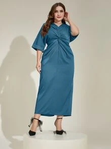 Modelyn 大碼前扭結蝙蝠袖緞面洋裝 - 霧霾藍 - 查看 5
