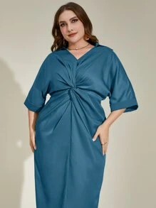 Modelyn 大碼前扭結蝙蝠袖緞面洋裝 - 霧霾藍 - 查看 6
