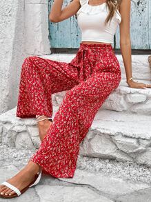 SHEIN VCAY Quần nữ Thắt lưng Họa tiết hoa Boho - Đỏ - Xem 1