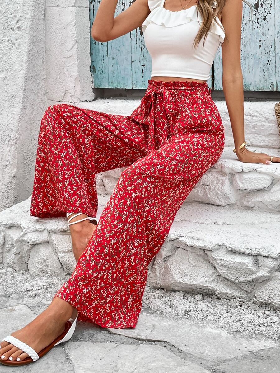 SHEIN VCAY Quần nữ Thắt lưng Họa tiết hoa Boho - Đỏ - Xem 1
