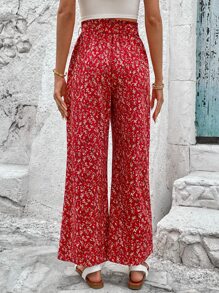 SHEIN VCAY Quần nữ Thắt lưng Họa tiết hoa Boho - Đỏ - Xem 2