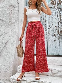 SHEIN VCAY Quần nữ Thắt lưng Họa tiết hoa Boho - Đỏ - Xem 3