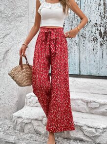 SHEIN VCAY Quần nữ Thắt lưng Họa tiết hoa Boho - Đỏ - Xem 4