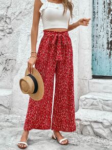 SHEIN VCAY Quần nữ Thắt lưng Họa tiết hoa Boho - Đỏ - Xem 5