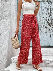 SHEIN VCAY Quần nữ Thắt lưng Họa tiết hoa Boho - Đỏ - Xem 6