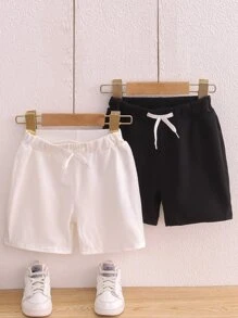 SHEIN 小男童2入組前打結運動短褲 - 黑與白 - 查看 1