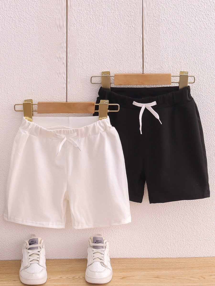 SHEIN 小男童2入組前打結運動短褲 - 黑與白 - 查看 1