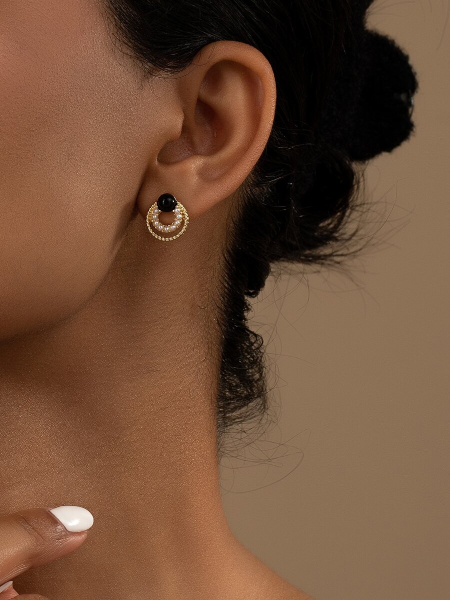 1對時尚鋅合金人造珍珠裝飾圓形耳釘適用於女士日常裝飾 - 彩色 - 查看 1