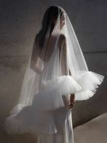 Mesh Ruffle Trim Bridal Veil With Hair Comb Fall Clothes For Women - White - View 1