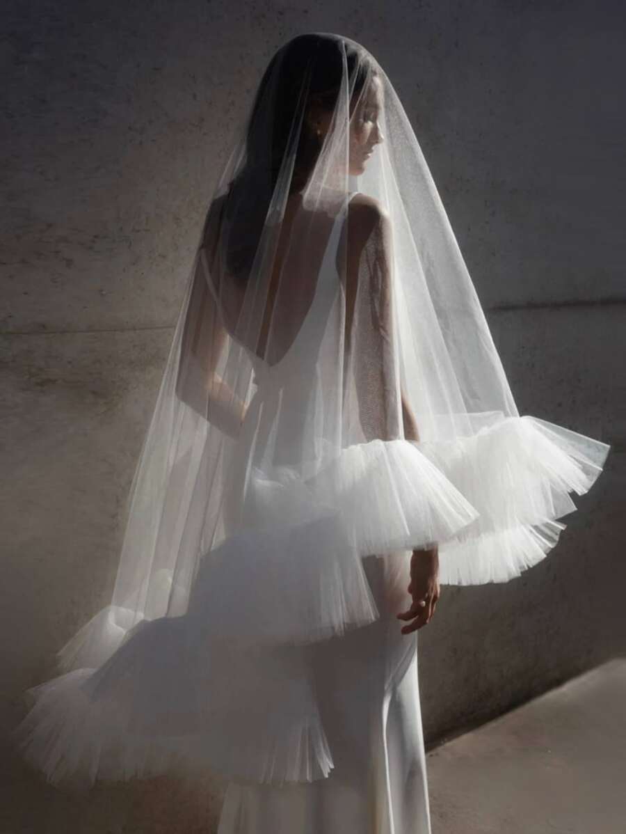 Mesh Ruffle Trim Bridal Veil With Hair Comb Fall Clothes For Women - White - View 1