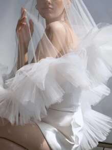 Mesh Ruffle Trim Bridal Veil With Hair Comb Fall Clothes For Women - White - View 2