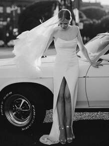 Mesh Ruffle Trim Bridal Veil With Hair Comb Fall Clothes For Women - White - View 3