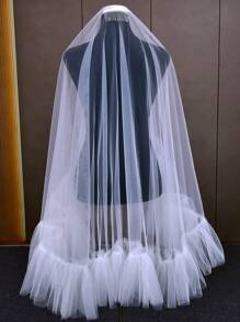 Mesh Ruffle Trim Bridal Veil With Hair Comb Fall Clothes For Women - White - View 6