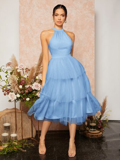 SHEIN Belle Ruffle Hem Mesh Overlay Halter Bridesmaid Dress Elegant Prom Semi Formal Wedding Guest Dress, For Birthday, Graduation, Homecoming Party Dress