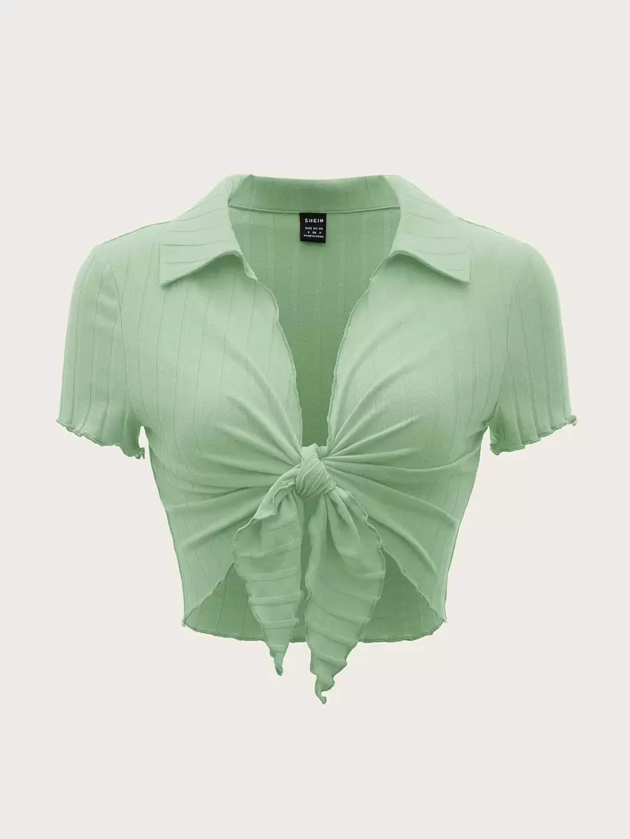 SHEIN EZwear 前繫帶木耳邊短款T恤 - 薄荷綠 - 查看 1