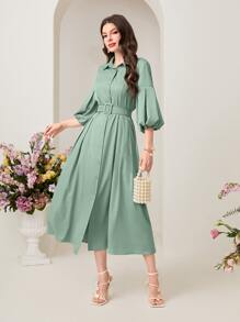 Mulvari 泡泡袖腰帶襯衫洋裝 - 薄荷綠 - 查看 1