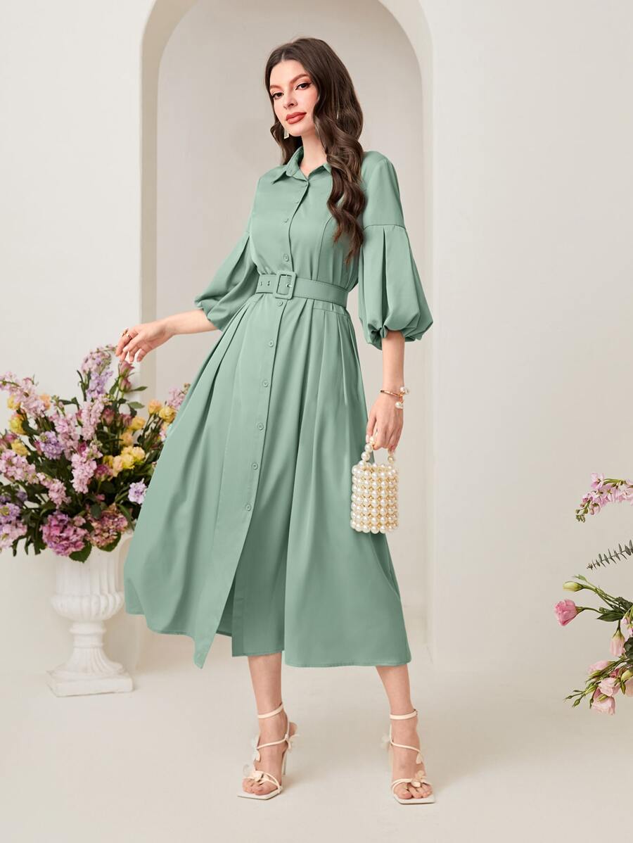 Mulvari 泡泡袖腰帶襯衫洋裝 - 薄荷綠 - 查看 1