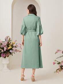 Mulvari 泡泡袖腰帶襯衫洋裝 - 薄荷綠 - 查看 2