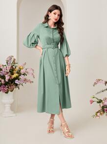 Mulvari 泡泡袖腰帶襯衫洋裝 - 薄荷綠 - 查看 4