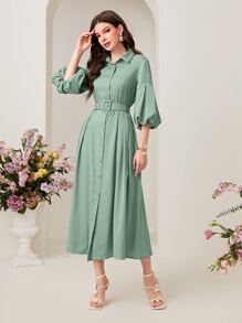 Mulvari 泡泡袖腰帶襯衫洋裝 - 薄荷綠 - 查看 3